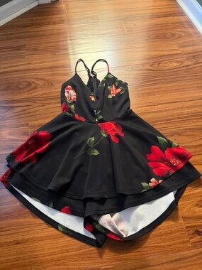 Trac Black Floral Romper with Red & Green Print